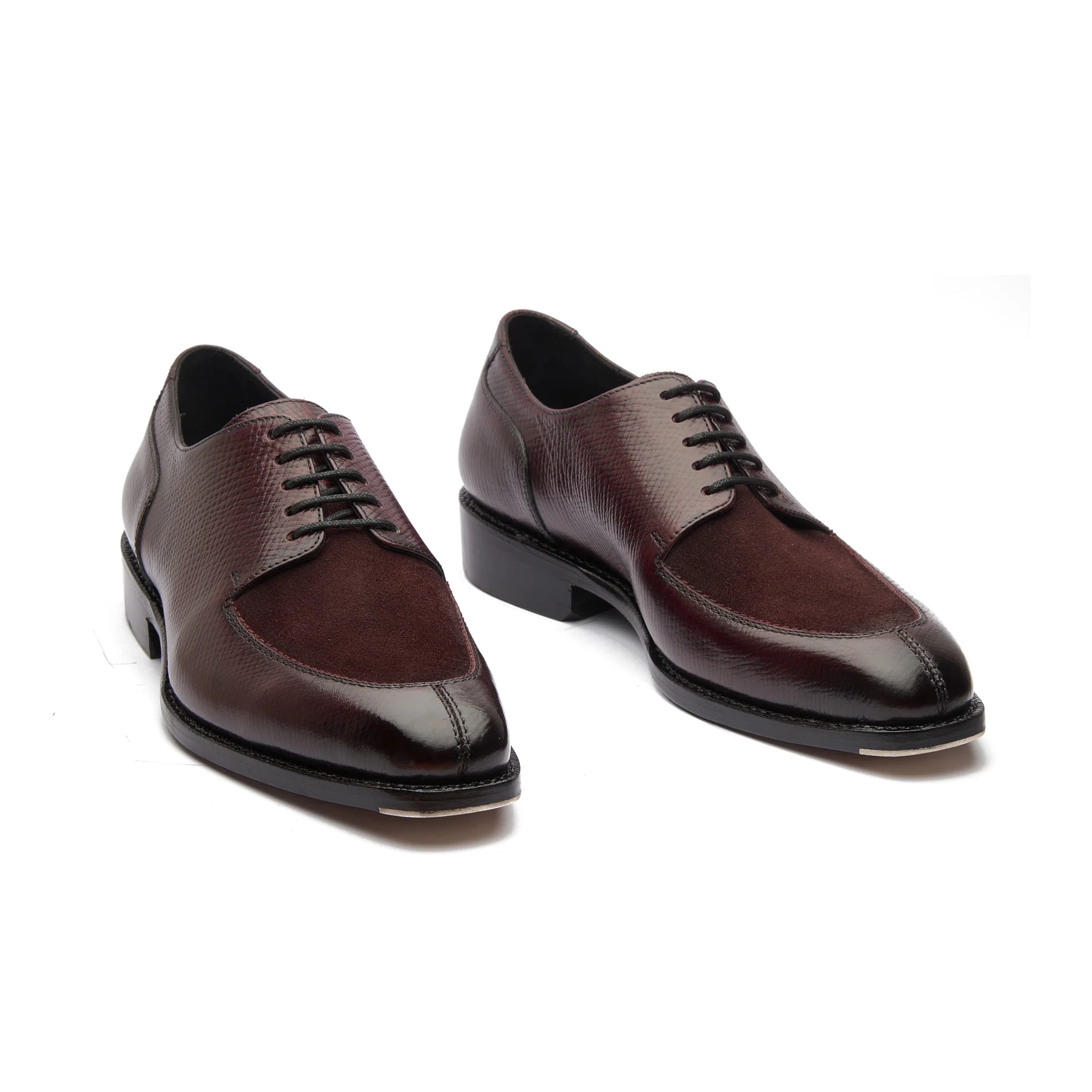 Ingrid-X, Split Toe Blucher Derby - Burgundy Hatch-grain & Suede | Hand Welted Contemporary Classics - Image 3