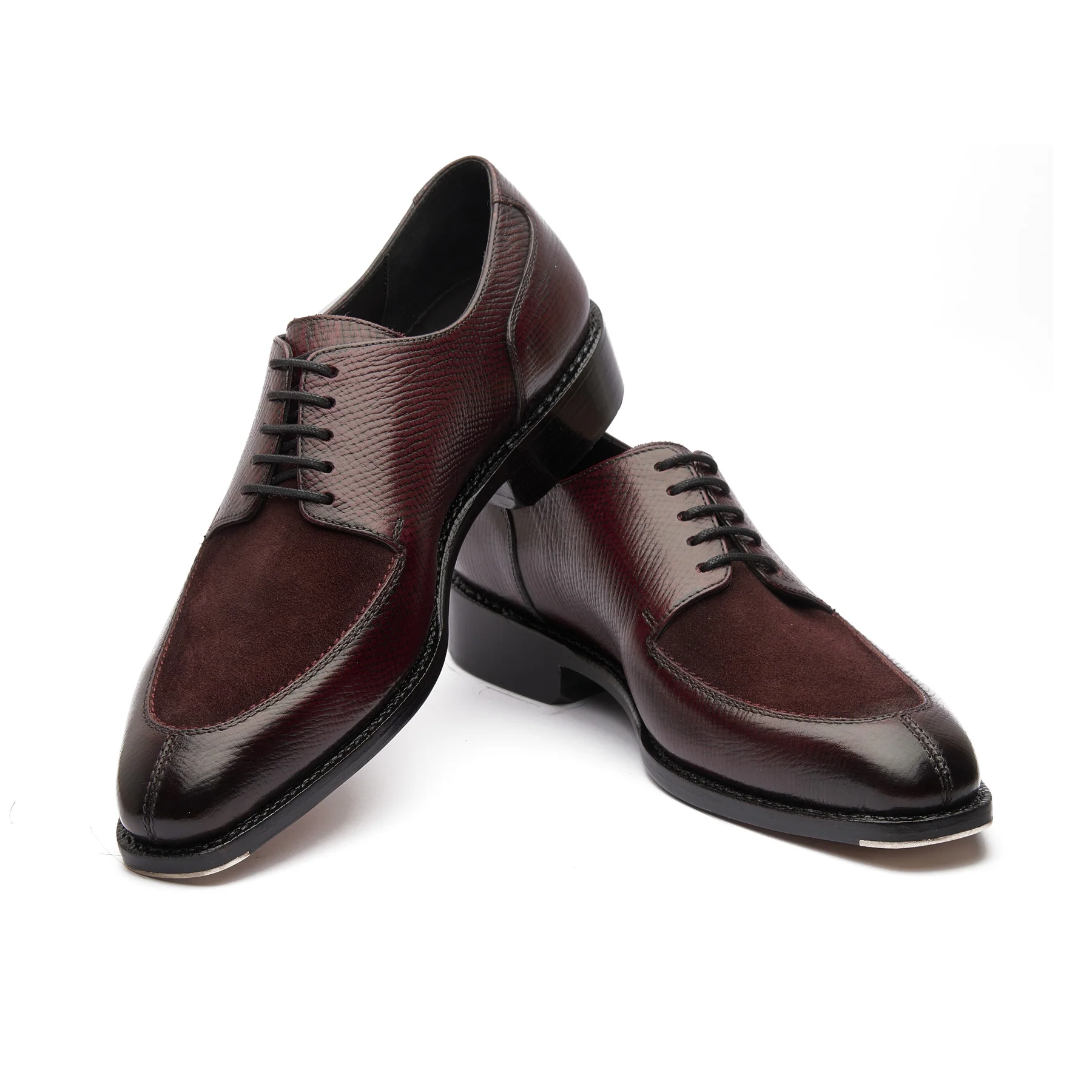 Ingrid-X, Split Toe Blucher Derby - Burgundy Hatch-grain & Suede | Hand Welted Contemporary Classics - Image 4